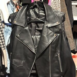 Women's Black Leather Vest & Skirt Set w/ Motorcycle Crop Tee